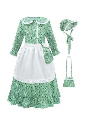 NWOT Girls Pioneer Colonial Costume Floral Prairie Dress Bonnet Apron and Purse